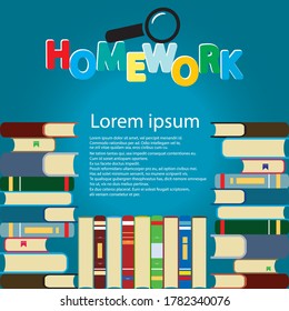 Vector illustration with stack of many books and word "homework" above