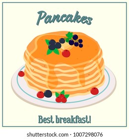 Vector illustration of a stack of pancakes. Baking with honey, butter and berries on a plate. Breakfast concept.