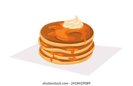 Vector illustration of a stack of pancakes with maple syrup and whipped cream. Concept for breakfast, food, dessert, baking.