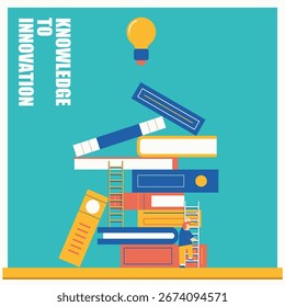 Ilustración vectorial de libros apilados con escaleras y una bombilla brillante, que simboliza la transformación del conocimiento en innovación, creatividad y nuevas ideas.