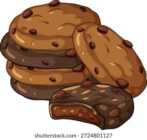 Vector illustration of stacked chocolate chip cookies with a bitten cookie on white background