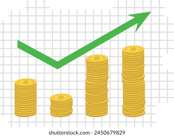 vector illustration stacked coins and arrow trending up, growing statistical graphic concept