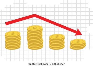 vector illustration stacked coins and arrow trending down, decreasing statistical graphic concept