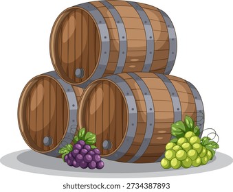 Ilustración vectorial de barricas de roble apiladas con uvas frescas moradas y verdes sobre fondo blanco