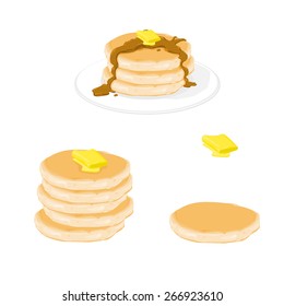 A vector illustration of stacked Pancakes with syrup and butter.
Pancakes.
Pancakes smothers with sauce and butter.