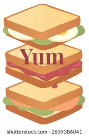 Vector Illustration of Stacked Sandwiches with “Yum” Quote on White Background