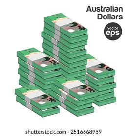 Ilustración vectorial de pilas de billetes de 100 dólares australianos. eps editables y escalables