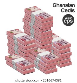 Vector illustration of stacks of 100 Ghanaian cedi notes. editable and scalable eps