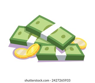 Vector illustration of stacks of bills and gold coins in flat style. Cash money on isolated background. Safe deposit box, inheritance. Wealth. EPS10
