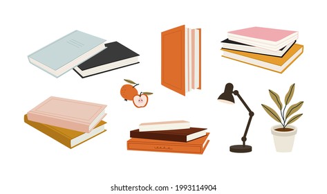 Ilustración vectorial de pilas de libros, manzanas, lámparas, plantas, aisladas en blanco. Conjunto de líneas planas. Objetos para aprender, leer. Herramientas escolares. Adecuado para librerías, editoriales.