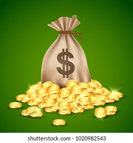 vector illustration of Stacks of coins and money bag.