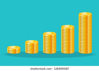 Vector illustration stacks of golden coins isolated on blue background.