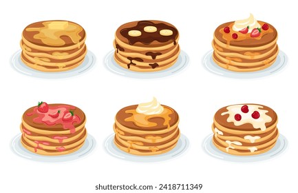 Vector illustration of stacks of pancakes with custard, melted butter, chocolate, maple syrup, strawberry jam with fruit and whipped cream. Concept for breakfast, food, dessert, baking.