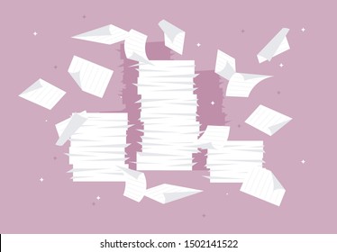 Vector illustration of stacks of paper flying around sheets of paper