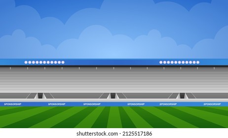 Vector illustration of stadium with stands without spectators and green to brass colored grass decorated with blue sky