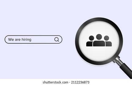 Vector illustration of staff hiring program. Magnifying glass background for job vacancy website. Recruitment agency banner design template.