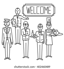 Vector illustration of the staff in the restaurant, waiter, chef, security, Concierge, reception, vacancies, people in the service, work, restaurant business