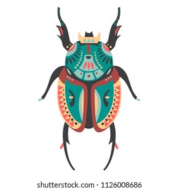 Vector illustration of stag beetle decorated with ethnic patterns. 