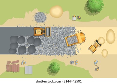 Ilustración vectorial. Etapa de la carretera de construcción. (vista superior)
Maquinaria de construcción. Vista desde arriba.