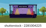 Vector illustration of a stage for holding an open-air music festival, in a cartoon style. Carrying out summer concerts and holidays in the open air. Live music.