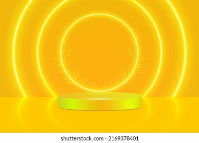 Ilustración vectorial el podio escénico está decorado con iluminación. Un escenario en un pedestal con la imagen de un producto, un anuncio, un espectáculo, una ceremonia de premiación con fondo amarillo