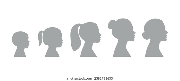 Vector illustration. Stages of growing up of a woman - baby, child, teenager, adult, elderly. Silhouettes of women of different ages.