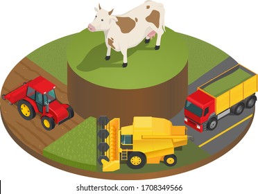 Vector Illustration Of The Stages Of Harvesting Animal Feed. Red Tractor, Combine, Truck. Isometry