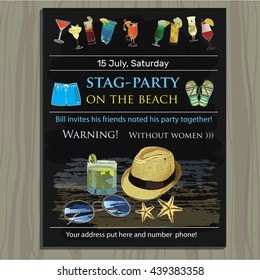 Vector illustration of stag-party invite on the beach. Holiday, vacation, invitation template on wood background. Typography invitation for stag-party