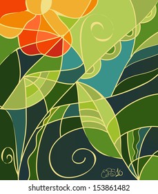 Vector illustration of stained glass background with orange flowers, light and dark green leaves and swirls