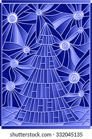 Vector illustration in stained glass style image of a Christmas tree against the starry sky