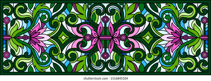 Vector illustration. Stained glass window. Abstract flowers. Stained glass mosaic background.