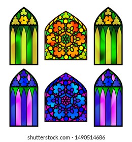 Vector illustration stained glass Windows in retro style for Palace or fortress vintage Windows with pattern and colored glass