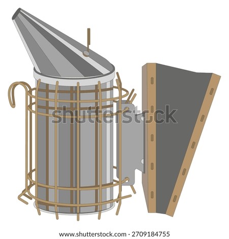 Vector illustration of a stainless steel bee smoker, isolated on a white background. Ideal for beekeeping themes and related designs.
