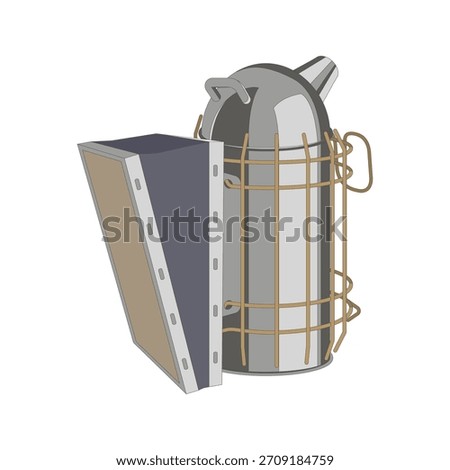 Vector illustration of a stainless steel bee smoker, isolated on a white background. Ideal for beekeeping themes and related designs.