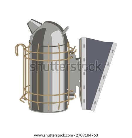 Vector illustration of a stainless steel bee smoker, isolated on a white background. Ideal for beekeeping themes and related designs.