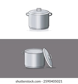 A vector illustration of a stainless steel cooking pot with a lid, shown in both closed and open positions. Perfect for kitchen, cooking, restaurant, and cookware-related designs.