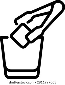 Vector illustration of stainless steel kitchen tongs picking up and transferring cold ice cubes, concept for barware and beverage preparation.
