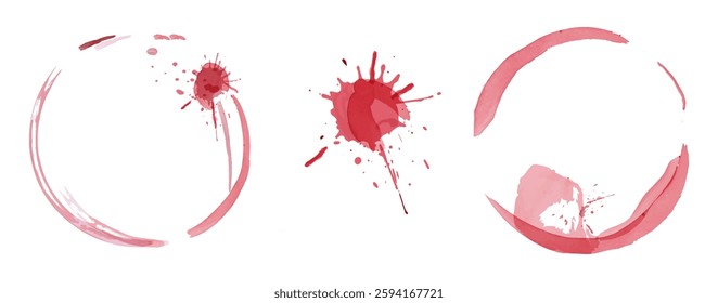 Vector illustration of stains from red wine, drink, juice. Splashes, streaks, drops, spilled liquid, blotches. Isolated.