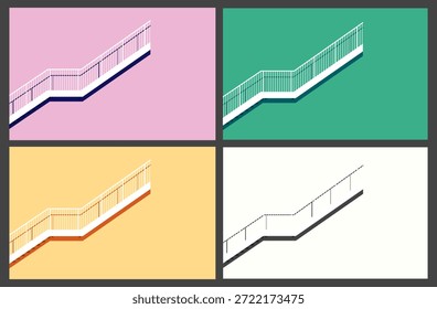 Ilustração vetorial de uma caixa de escada subindo de uma vista lateral com grade e cerca e sombra com exemplo de combinação de cores e fundo.