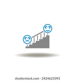 Vector illustration of staircase with at bottom sad face and up smile face. Icon of onboarding. Symbol of job satisfaction.