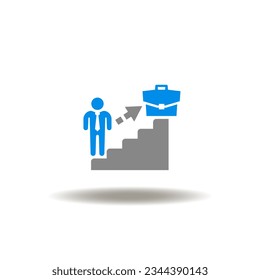 Vector illustration of staircase and businessman climbing to briefcase. Icon of career advancement. Symbol of job enrichment.