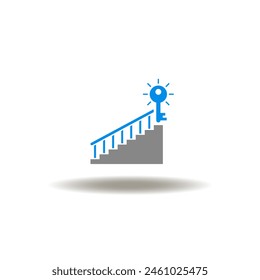 Vector illustration of staircase and key on top. Icon of key to success. Symbol of career achievement. Sign of mission.