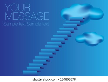 Vector illustration of a staircase leading to a cloud. Blue background with space for text layout.