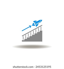 Vector illustration of staircase and spaceship flying up. Icon of profits. Symbol of career growth.