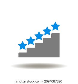 Vector illustration of stairs steps with a star on every rung. Icon of rating, review. Symbol of experience and satisfaction. Assessment, quality sign.