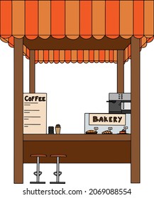 Vector illustration stall market with coffee and bakery. Street cafe with chairs. Coffee and bakery shop.