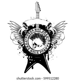 Vector illustration stamp and electric guitar on wings and grunge background. Imprint contains skull with mohawk and lettering punk not dead and punk rock forever. Design for t-shirt or poster print