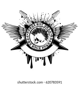 Vector illustration stamp and electric guitars on wings and grunge background. Imprint contains skull with mohawk and lettering punk not dead and punk rock forever. Design for t-shirt or poster print