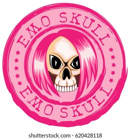 Vector illustration stamp emo girl skull with hair. Inscription emo skull. For t-shirt design.
