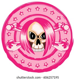 Vector illustration stamp emo skull with hair and crossed bones. For t-shirt design.